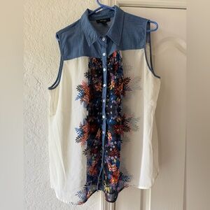 STYLE & CO Flowers Sheer Sleeveless Button Up Tunic Tank Top 3X  Denim Chambray